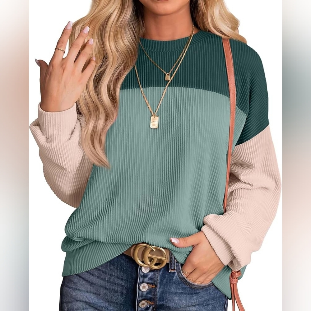 Color block Ribbed Long Sleeve Crewneck, Blue/Green/Tan, Oversized, M